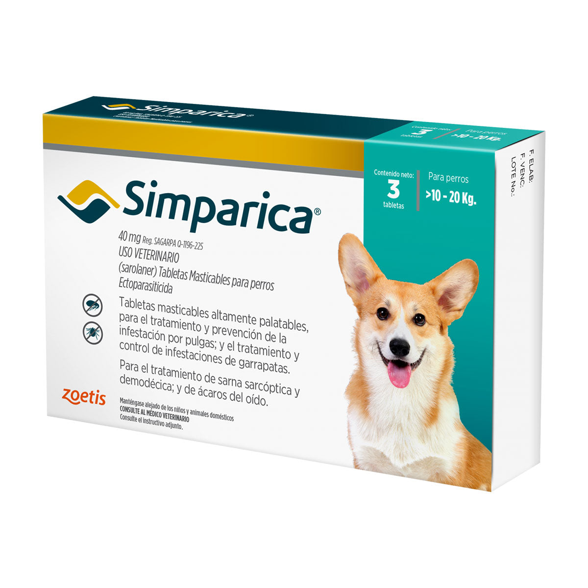 SIMPARICA ANTIPARASITARIO PERROS 10 A 20 KILOS 3 COMPRIMIDOS.