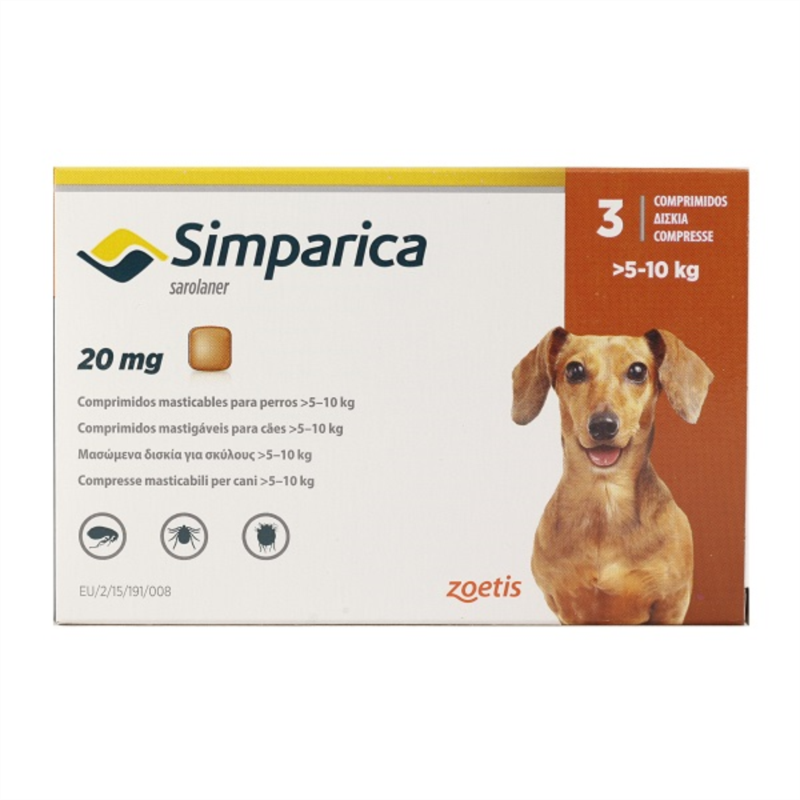 SIMPARICA ANTIPARASITARIO PERROS 5 A 10 KILOS 3 COMPRIMIDOS.